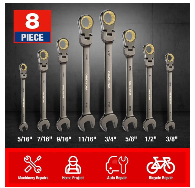 WORKPRO 8-piece Flex-Head Ratcheting Combination Wrench Set, SAE 5/16-3/4 in, 72-Teeth, CR-V Constructed, Nickel Plating with Organizer Bag,