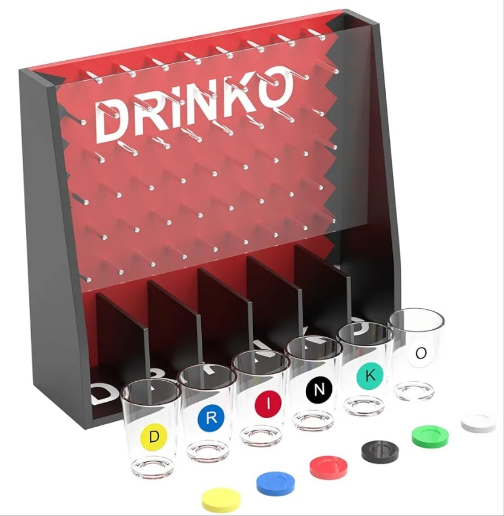 DRINKO Drinking Game - Social Shot Glass Party Fun for Groups & Couples - Multicolor, Glass Shots, Durable Board with Metal Pegs - The Ultimate Party Starter!