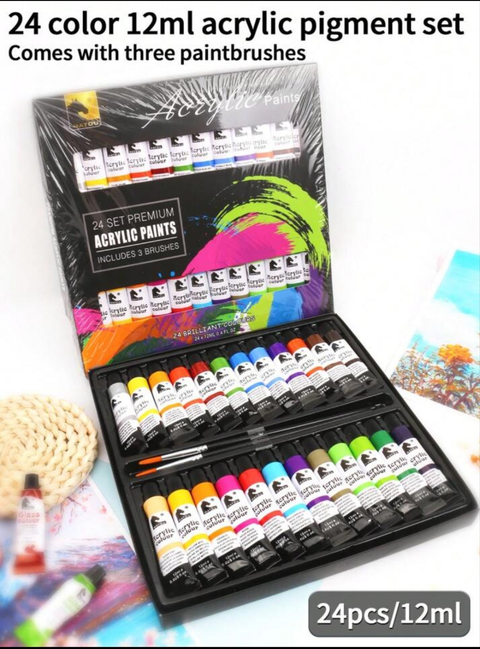 27pcs Acrylic Paint Kit, 24 Colors Aluminum Tube Acrylic Paints Set With 3 Wooden Handled Nylon Hair Brushes aluminum tube