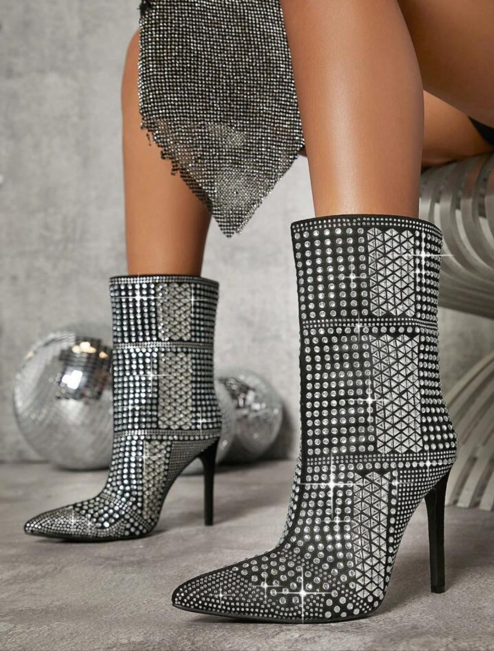 Rhinestone Decor Pointy Toe Stiletto Heeled Boots