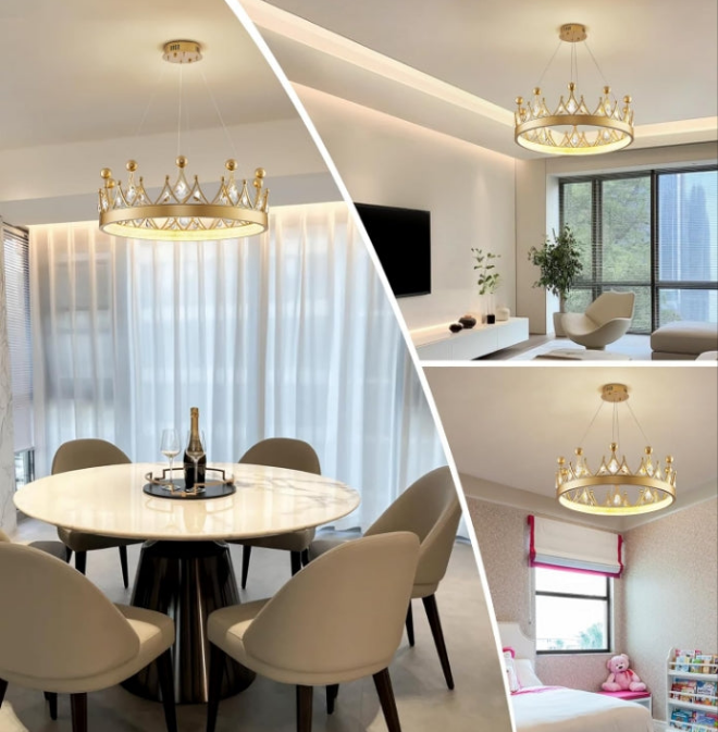 Crystal Chandelier D23.6'' Gold Round LED Crown Chandelier Contemporary Semi Flush Mount Ceiling Light for Nursery Girls Room Dining Room Bedroom