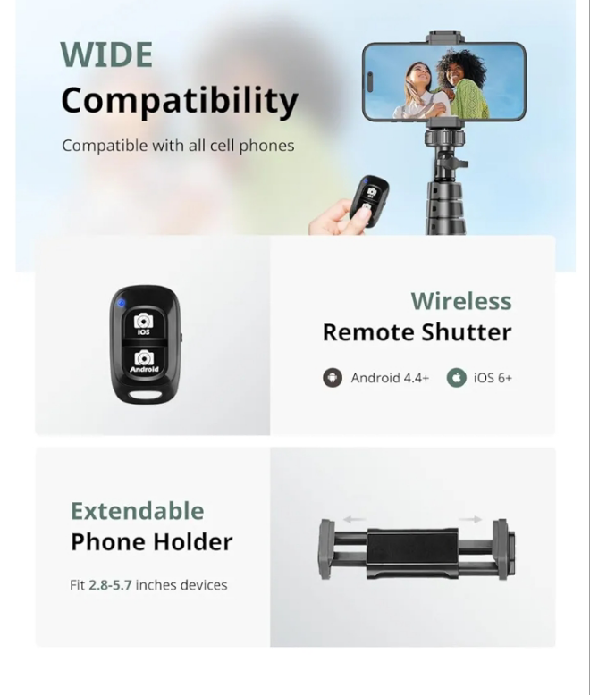 62" Phone Tripod & Selfie Stick, Extendable Cell Phone Tripod Stand with Wireless Remote and Phone Holder, Compatible with ip Android Phone, Camera