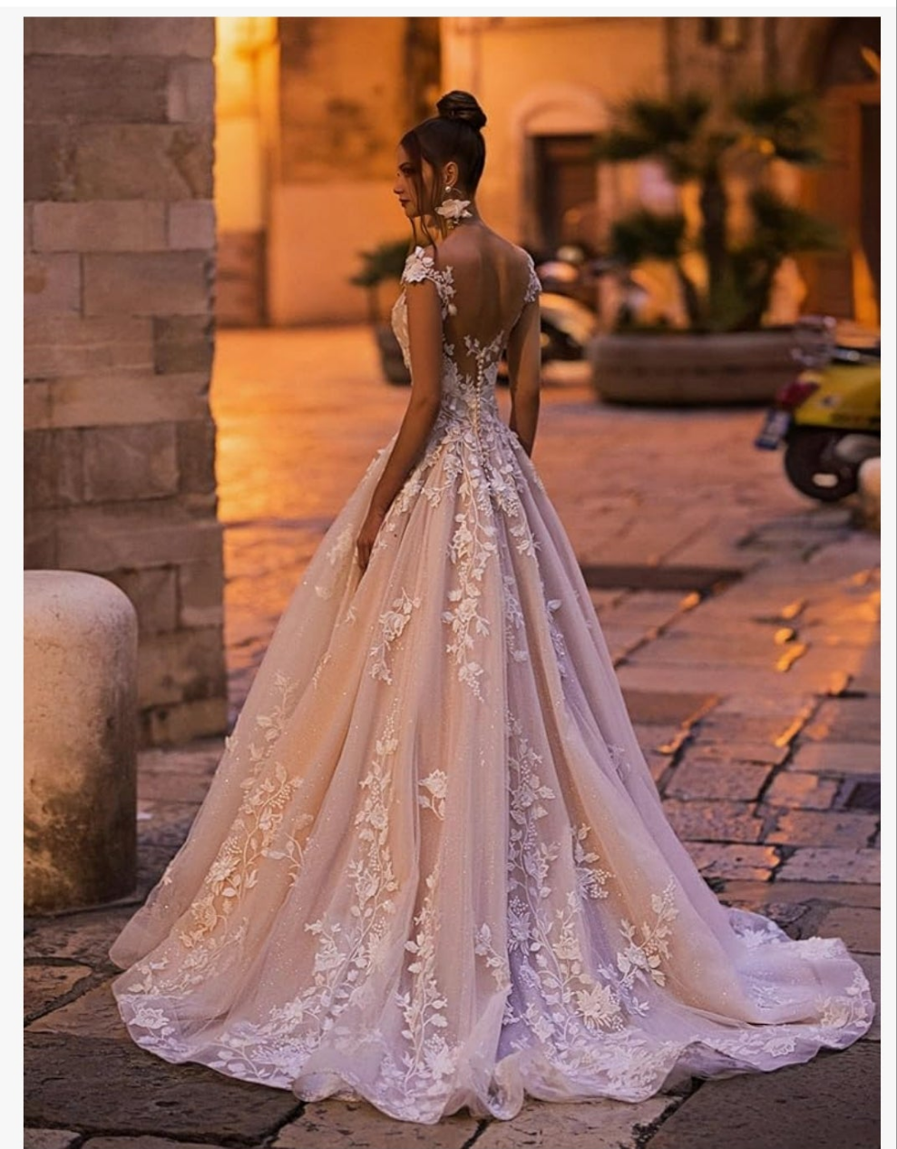 V Back Wedding Dress Sexy Elegant A-Line Glitter Lace Applique Floor Length Long Bridal Gown for Bride
