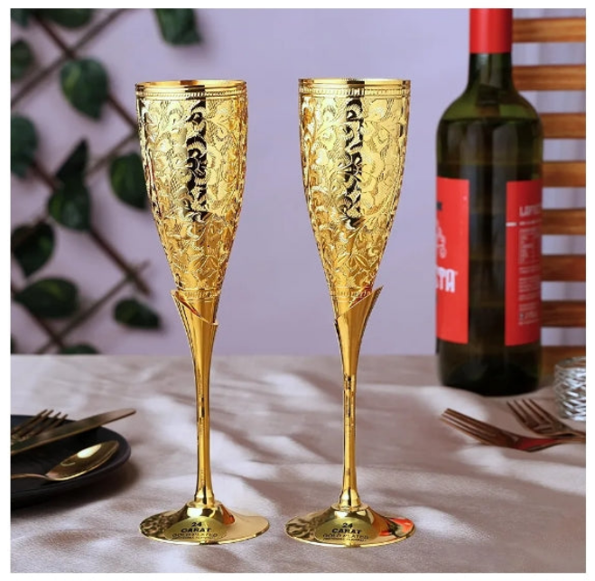 24K Gold Plated Wedding Champagne Flute for Toasting Glass Set of 2, Brass Wine Goblet Metal Chalice Engraved