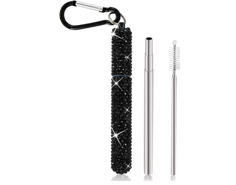 1 Pack Rhinestone Collapsible Stainless Steel Straw, Portable Straw with Cleaning Brush, Metal Reusable Drinking Straw with Bling Case for Travel(Iridescent)