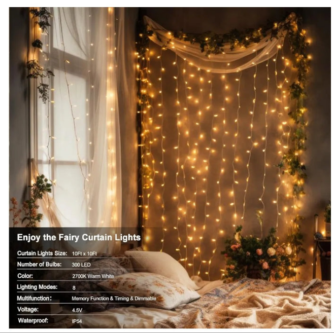 300 LED Curtain Lights Battery Operated, 9.8ft×9.8ft Hanging Lights with Remote Timer Fairy Curtain Lights for Bedroom Patio Wedding Backdrop Party Decór (Warm White)