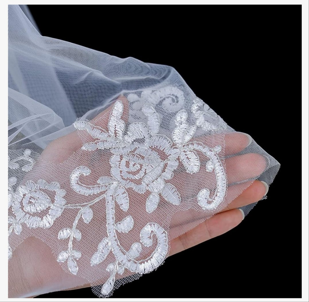 2 Tiers Bride Wedding Veil White Veil Bridal Bridal Tulle Wedding Veil with Flower Lace Edge and Comb (A-white)
