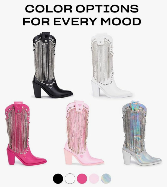 Cowbirl Boots - Vegan Leather Footwear With Rhinestone Fringe and Jewel Studs