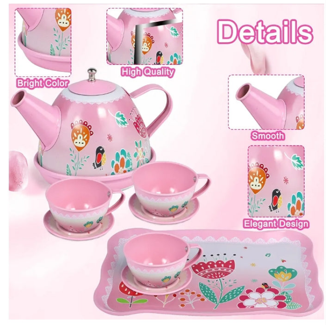 Tea Party Set for Little Girls,PRE-WORLD Princess Tea Time Toy Including Dessert,Cookies,Doughnut,Teapot Tray Cake, Tablecloth & Carrying Case,Kids Kitchen Pretend Play for Girls Boys Age 3+