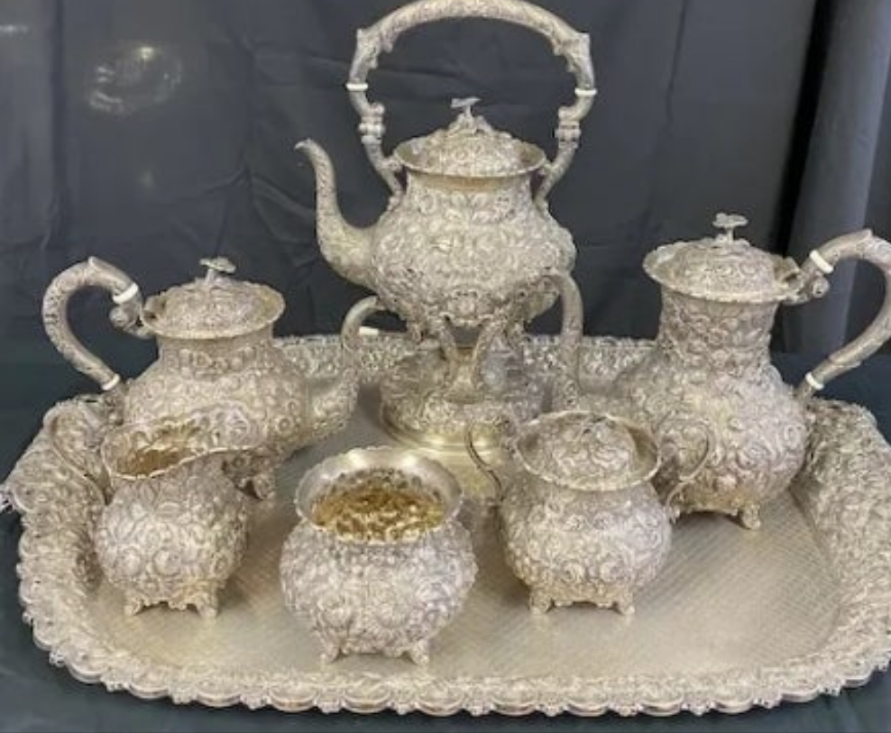 Sterling Silver Repousse Tea Service 7 Piece Set w/Tray A.G. Schultz