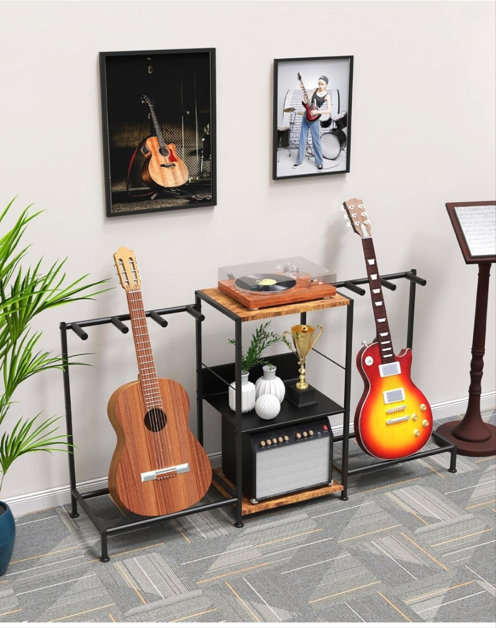 Guitar Stand for Acoustic Multiple Guitars Holder with 3-tier Storage Shelf, Guitars Display Rack Guitar Amp Accessories with Soft-Padded Protect Multi Guitar Stand for Home Studio Music Room