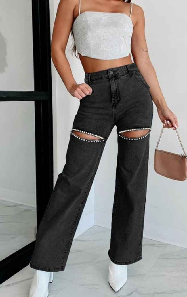 High Waist Denim Jeans Rhinestone Trim Bling Jeans Plus Size Denim Pants