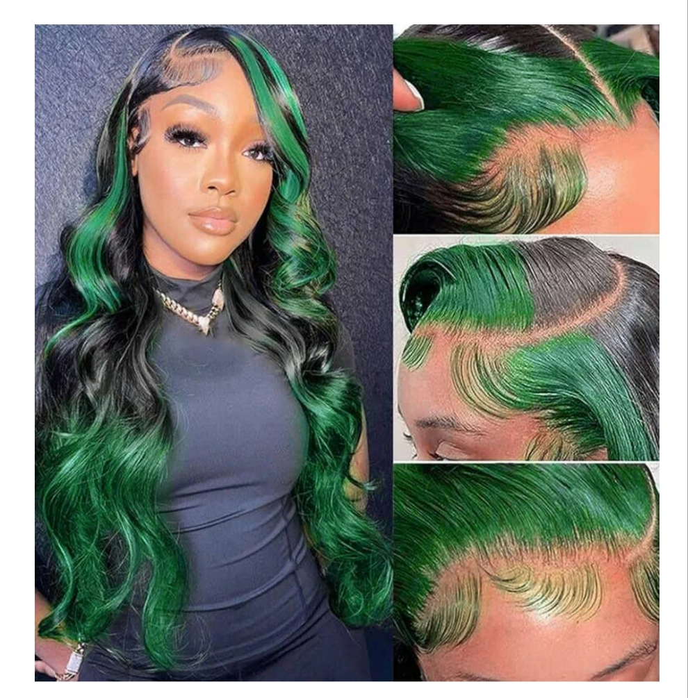 Green Ombre Lace Front Wig Human Hair Highlight Green Lace Front Wig Pre Plucked 13x4 Body Wave Lace Frontal Wig Black and Green Skunk Stripe Human Hair Wig Glueless Colored 18 Inch 150% Density