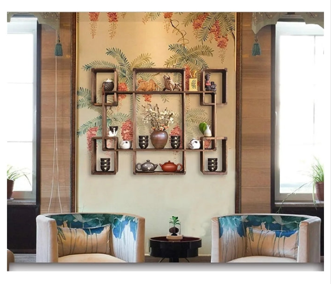 Floating Shelves Solid Wood, Wall-Mounted Display Storage Shelf, Multi-Layer Wall Hanging Teapot and Tea Set Shelf Wall Shelves,Large