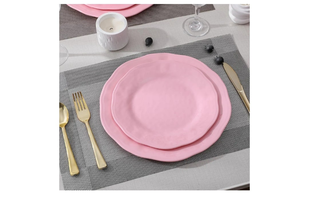 18 Piece Pink Dinnerware Set, Lightweight Kitchen Dining Plates and Bowls Set, Durable Melamine Dishes, Set of 6, Unbreakable RV Camping Dishes, Dishwasher Safe