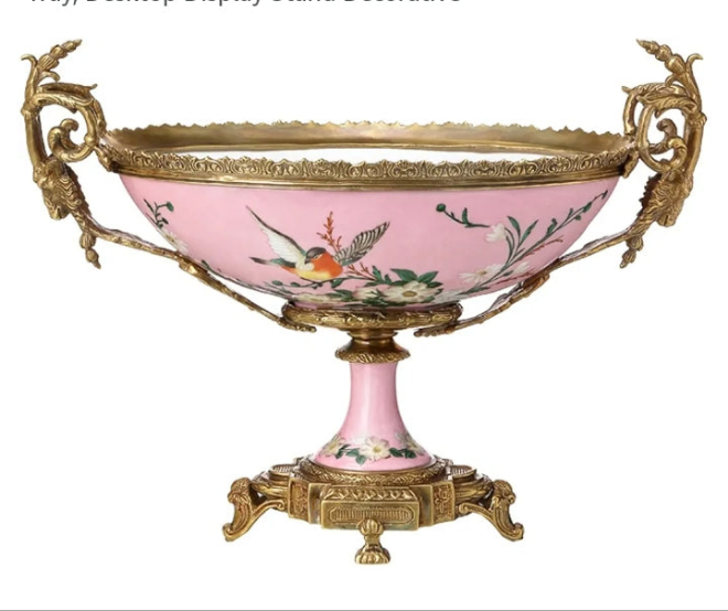 Luxurious Fruit Bowl, Binaural Ceramic Dried Fruit Plate with High Pedestal, Exquisite Hand Painted Snacks Storage Tray, Desktop Display Stand Decorative
