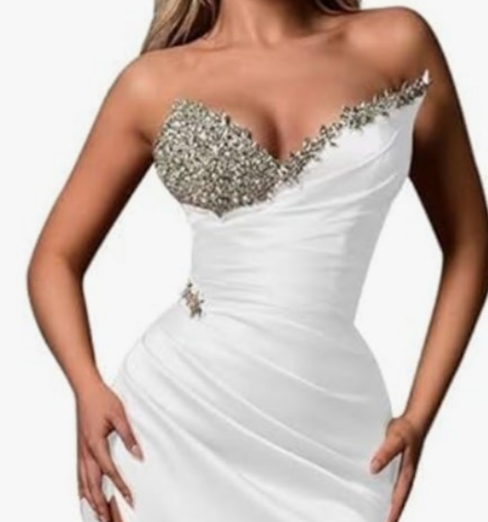 Strapless Beaded Mermaid Wedding Dresses for Women Long Satin Formal Evening Party Gowns with Slit