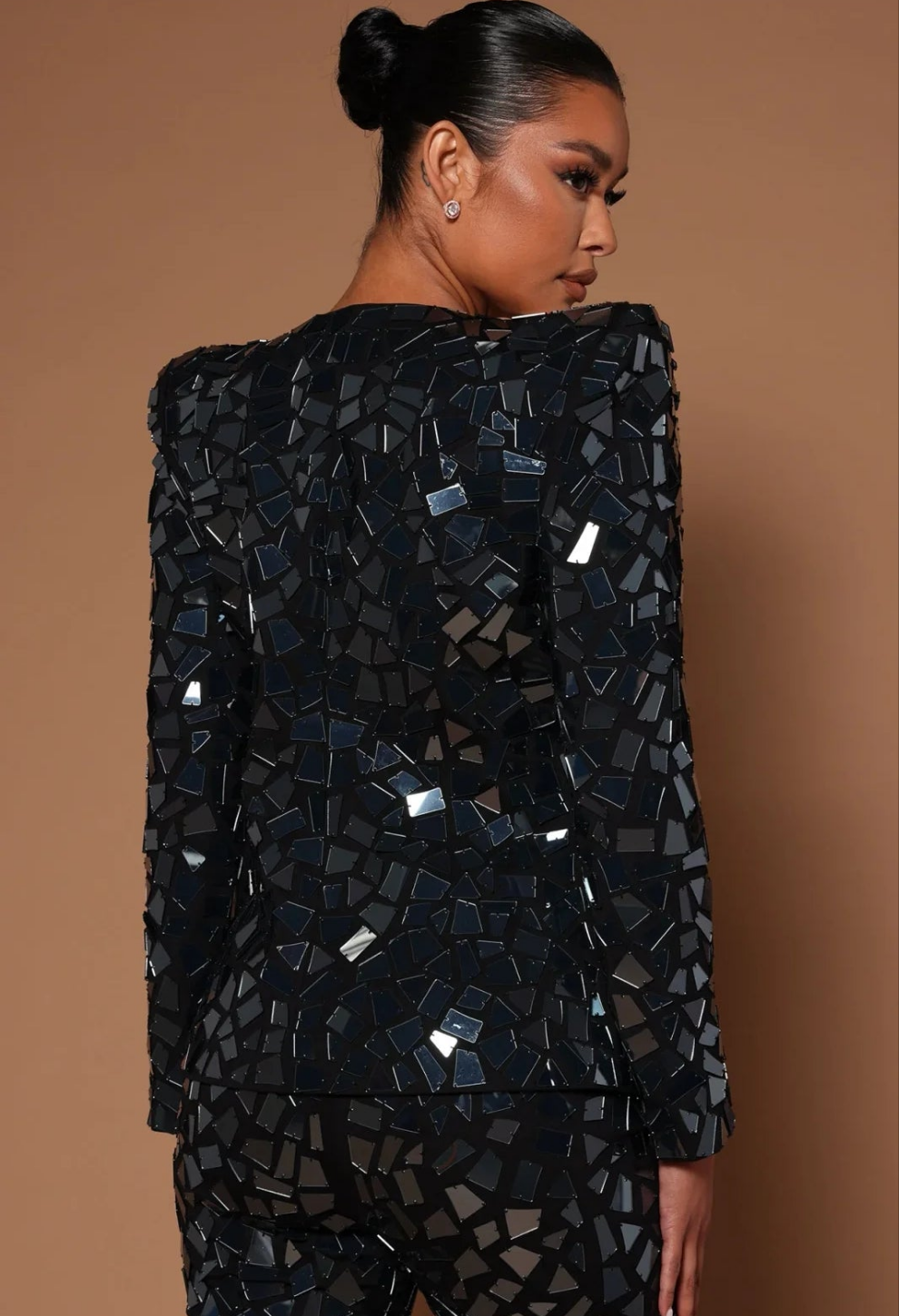 COCOMONEY Deep V Neck Mirror Sequin Two Piece Pant Set