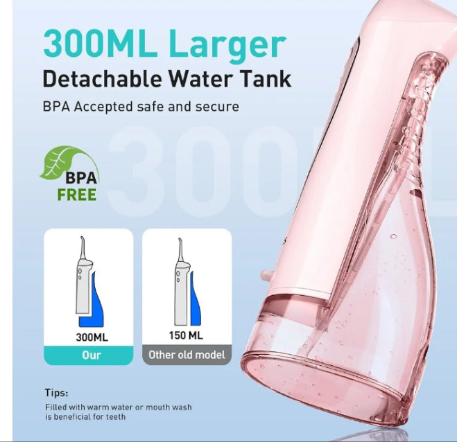 Water Flosser Teeth Pick: Portable Cordless 300ML Rechargeable Travel Irrigation Cleaner IPX7 Waterproof Electric Flossing Machine for Teeth Cleaning F5020E