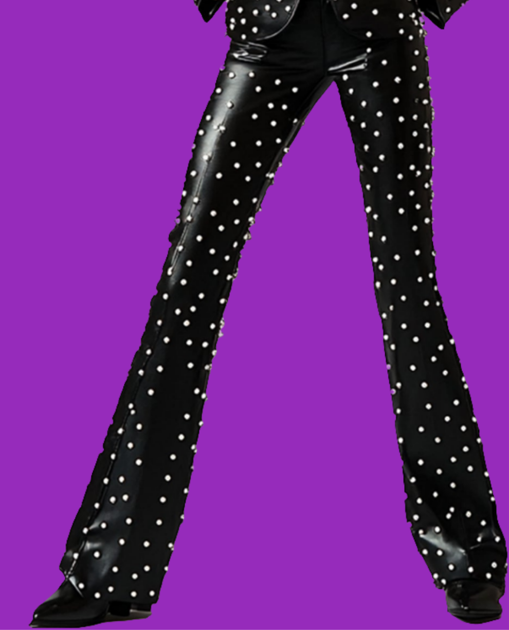 COCOMONEY Pearls PU Leather Jacket Two Piece Pant Set-Black