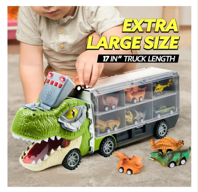 Big Dinosaur Transport Carrier Truck with Mini Dinosaur Car Set
13 in 1 DINOSAUR TRUCK: Our unique designed tyrannosaurus transport truck includes 1 big dinosaur carrier truck with sound button, lights,8 mini dinosaur pull back cars,3 mini Die-cast dinosa