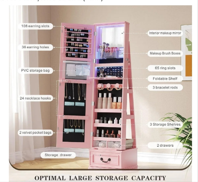 360°Swivel jewelry organizer with Full Length Mirror with Lights,Jewelry Armoire Cabinet Standing with Drawers,Large Mirror Storage for Jewelry and Makeup,Best