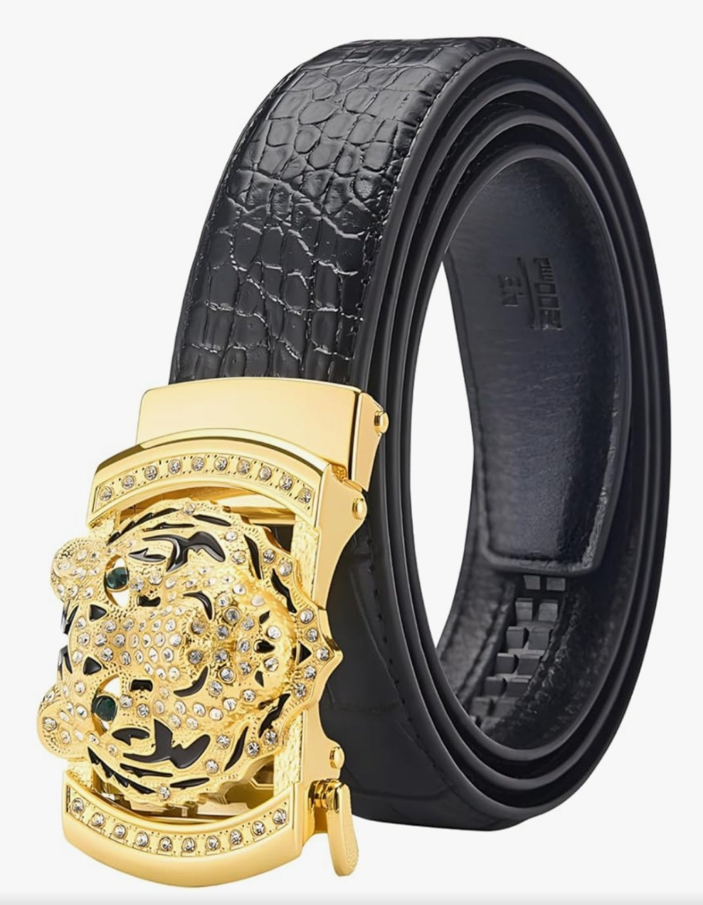 Luxury Men's Belts Gold Tiger Head Automatic Buckle Alloy, PU Leather Men Waist Strap, Slide Easier Adjustable Belt, Cut To Fit, Men Dress Casual Ratchet Belt (49in)