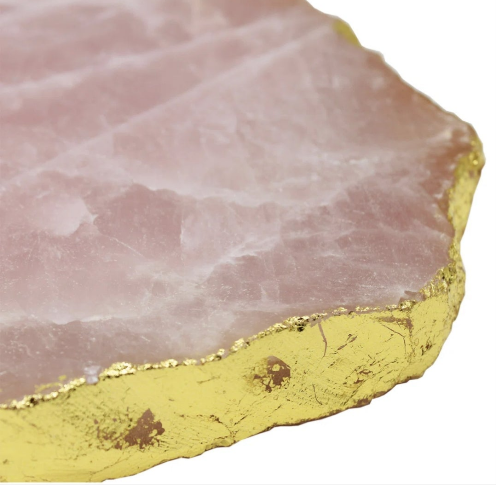 Rose Quartz Gold Edge Serving Board Crystal and Marble