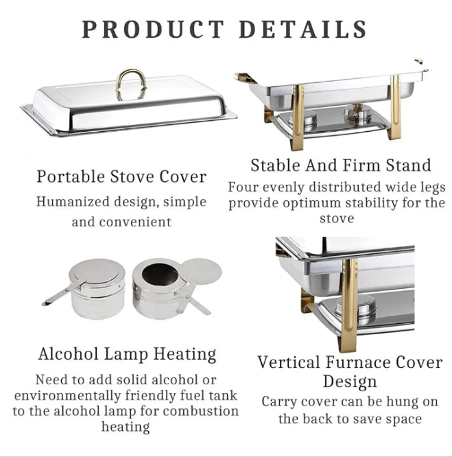 Gold Plated Square Chafing Dish & Food Warmers for Caterings Parties, Stainless Steel Commercial Catering Buffet Server Set
