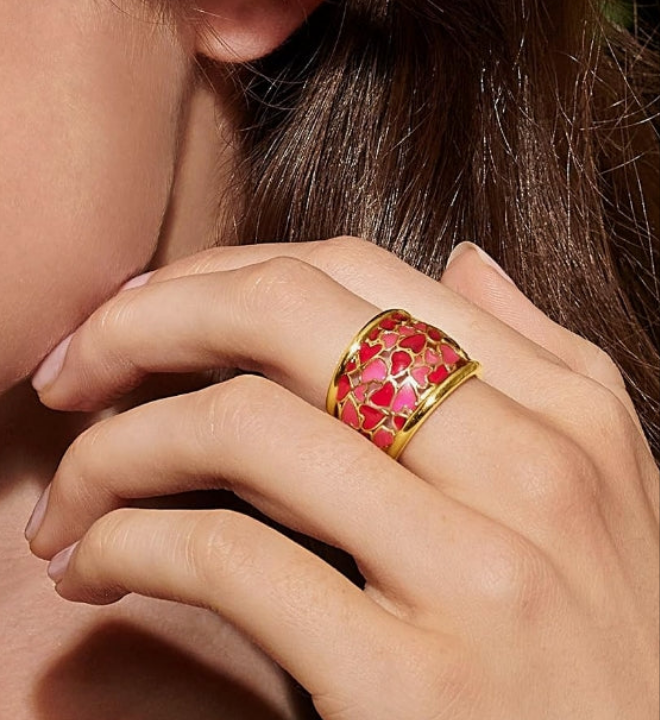 Italian Red and Pink Enamel Heart Ring in 18kt Gold Over Sterling. Size 7