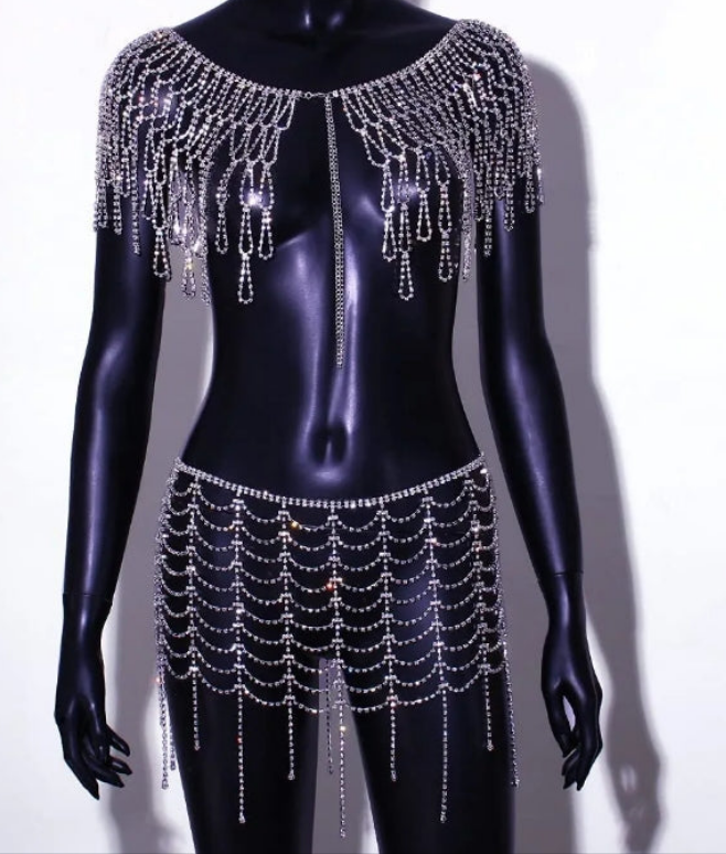 Diamond Chest Chain Bra Panties Sparkly Rhinestone Body Chain Crystal Bikini Chest Jewelry Lingerie Woman Sexy Nightclub Clothing