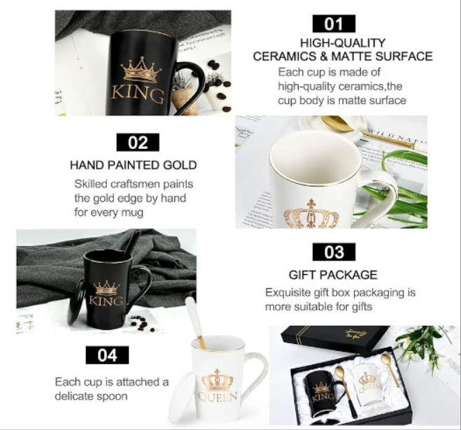 King and Queen Coffee Mugs, His and Hers Coffee Mugs Set, King and Queen Mugs for Couples, Engagement Wedding Newlywed His and Hers Gifts for Couples, Husband and Wife Cups, 14Oz