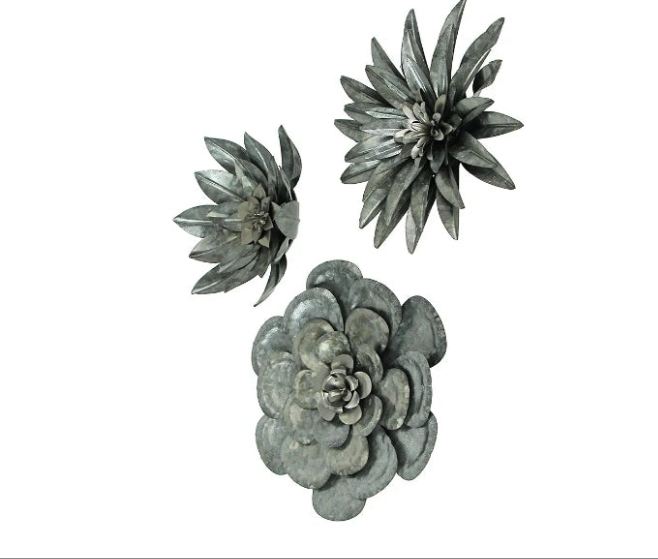 Set of 3 Galvanized Metal Flower Wall Hanging Sculptures Home Decor Floral Art 10 Inches High - Nature Accents for Country or Farmhouse - Easy Install