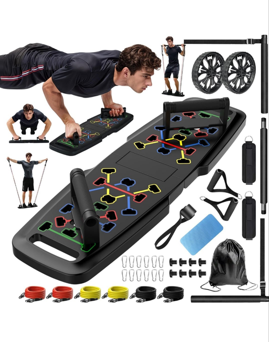 Push Up Board,Home Gym,Portable Exercise Equipment,Pilates Bar and 20 Fitness Accessories with Resistance Bands and Ab Roller Wheel,Full Body Workout at Home