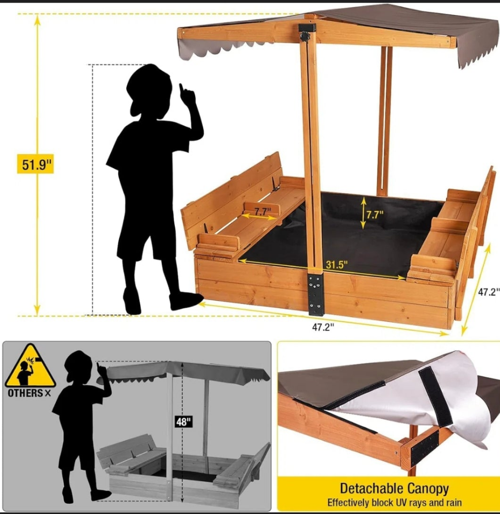 47.2'' x 51.9'' Wood Square Sandbox with Cover Outdoor Kods fun