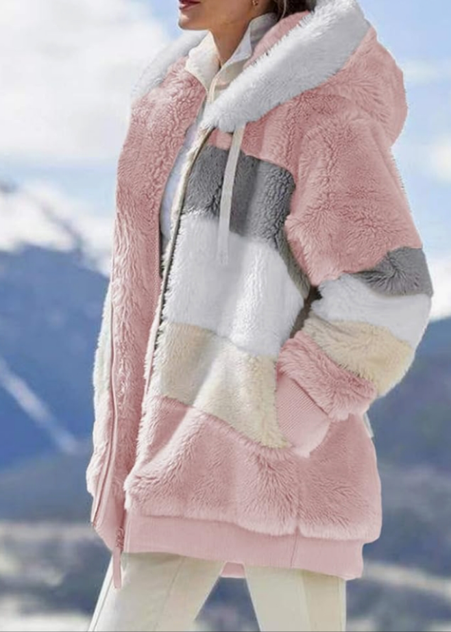 Fuzzy Fleece Jacket Hooded Color Block Patchwork Cardigan Coats Outerwear with Pockets