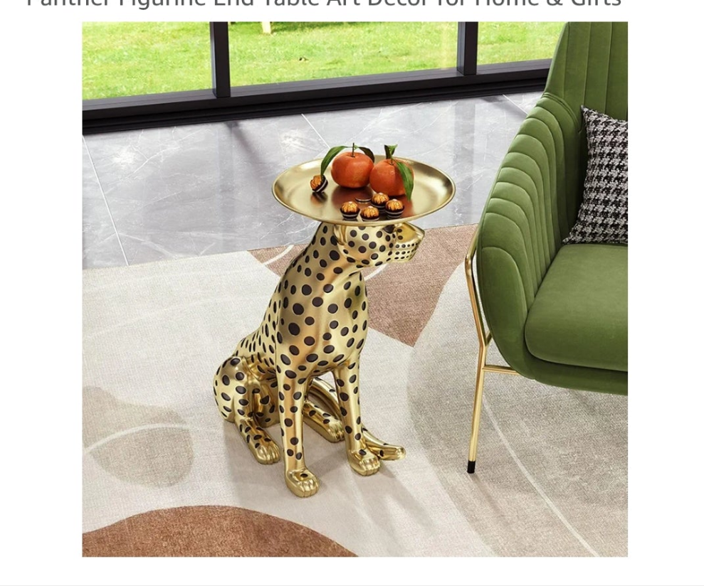 Leopard Statue Side Table with Tray Top– Gold Panther Figurine End Table Art Decor for Home & Gifts