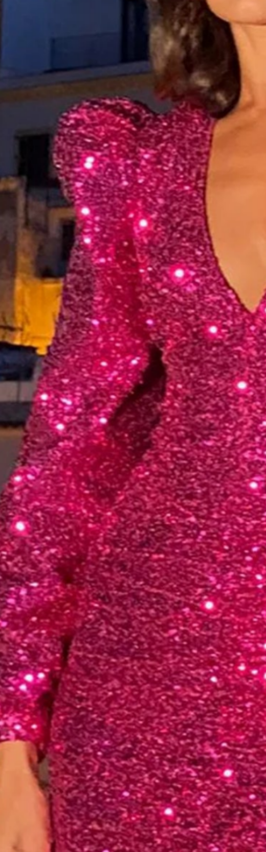COCOMONEY Ruched Puff Sleeve Straps Sequin Dress-Hot Pink