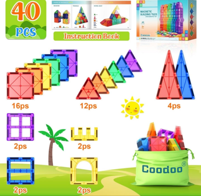 Magnetic Tiles Kids Toys STEM Magnet Toys for Toddler Magnetic Blocks Building Toys Preschool Learning Sensory Montessori Toys for 3+ Year Old Boys and Girls, Safe Creativity Toddler Kids Toys 40PCS
