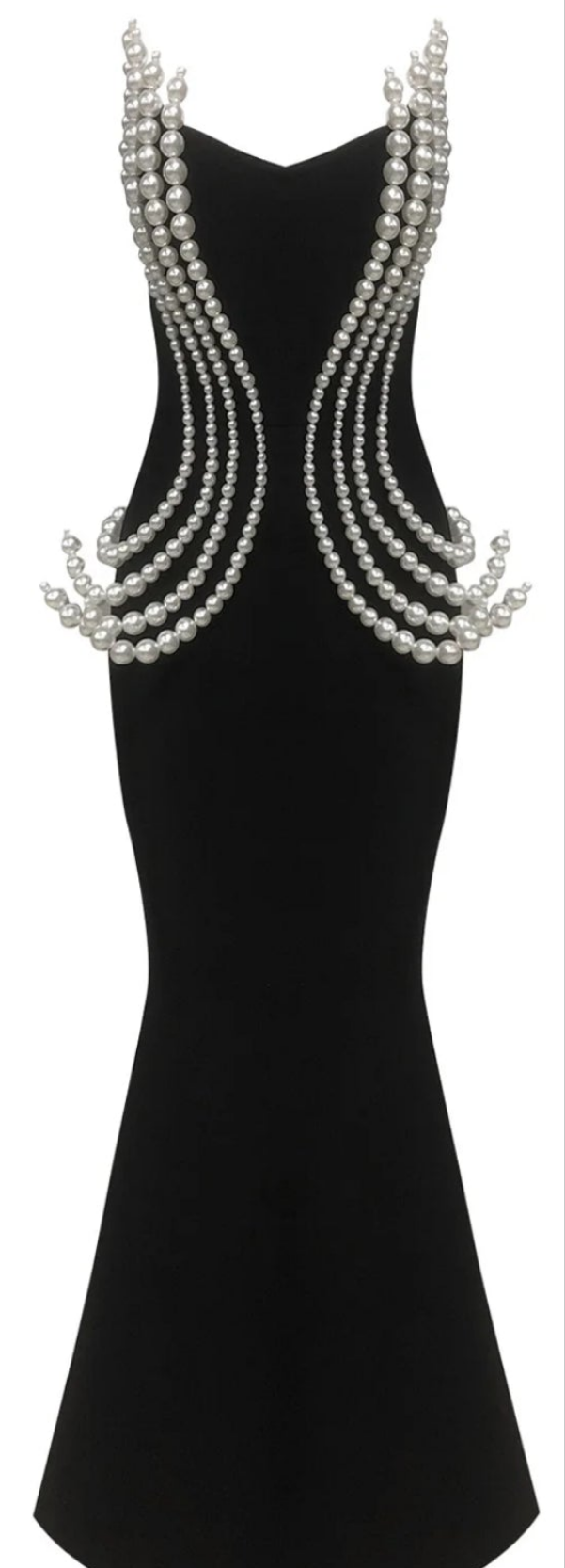 Pearls Beaded Strapless Mermaid Maxi Dress-Black COCOMONEY