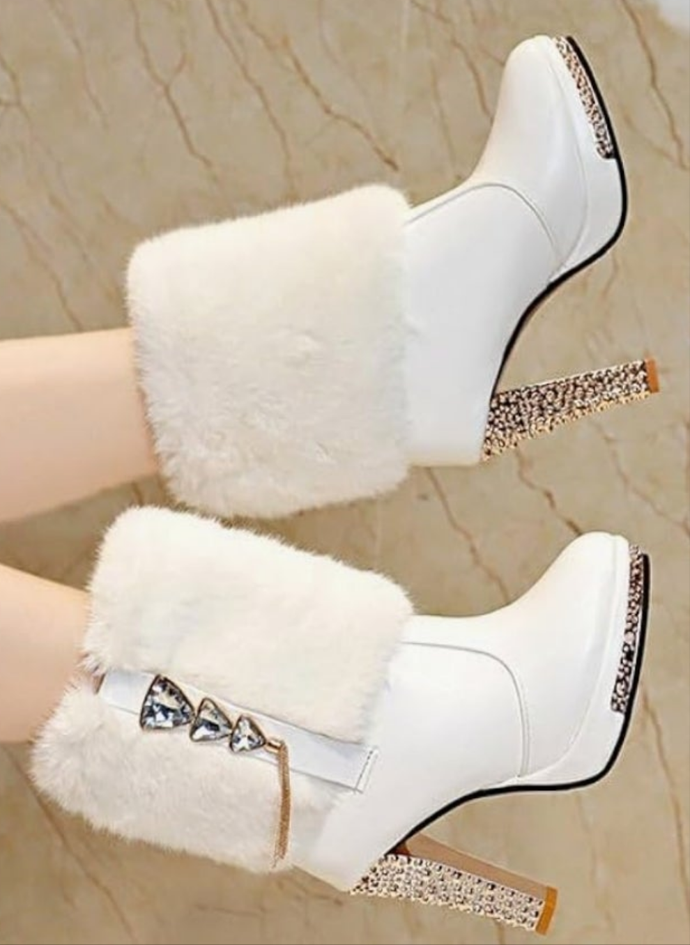 Plush Ankle Boots,Fashion Rhinestones Deco Side Zipper Non-slip Warm Closure Chunky High Heel Snow Boots