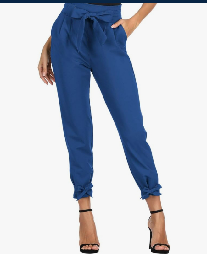 Womens Casual High Waist Pencil Pants with Pockets Bow-Knot Cropped Paper Bag Pants for Work