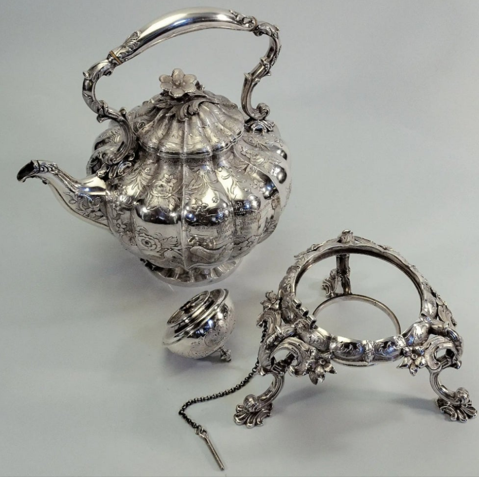 An exquisite piece 925 Sterling Silver William IV English sterling teapot on stand 1837 - 16" high x 9" wide x 12" deep