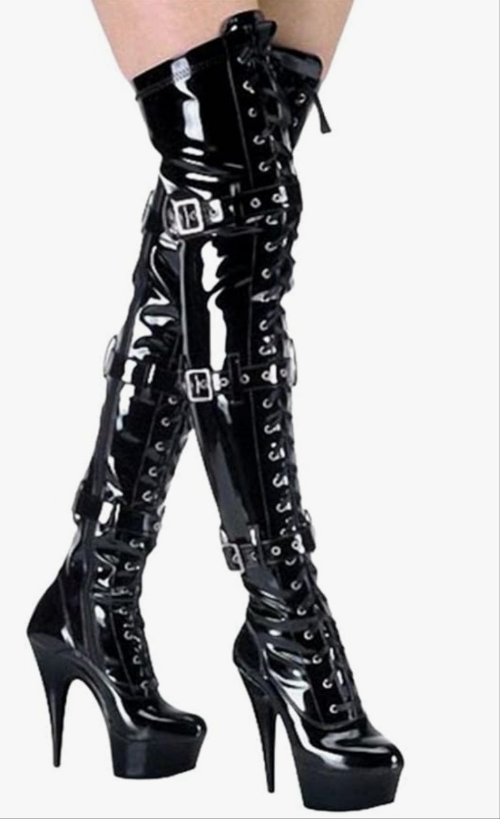 Patent Leather Thigh High 15CM Stiletto Heel Dancer Boots with Zipper Lace Up Club Party Cosplay Shoes