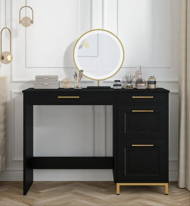 Desk with Drawers, 43” Home Office Desk with Storage, Golden Handle for Bedroom, Black and Gold Desk Study Writing Desk for Small Space