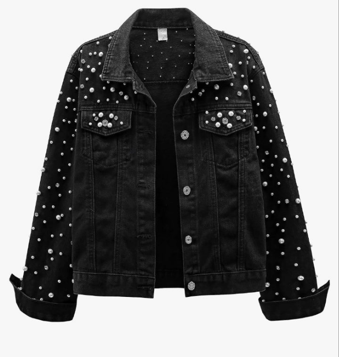 Pearls Denim Jacket Cropped Rhinestones Jean Jacket Coat