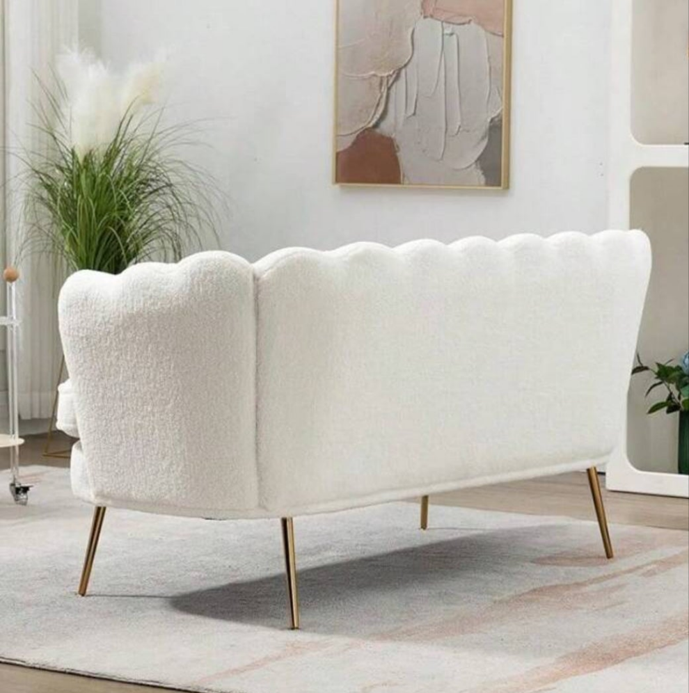 59-Inch Small Modern Chenille Double Sofa, 2-Seat Sofa With Golden Metal Legs, Small Sofa With Flower-Shaped Back, For Living Room Bedroom Office (Beige And Chenille)