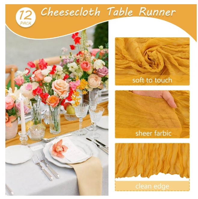 12 Pack 10Ft Cheesecloth Table Runner 35x120 Inch Boho Gauze Table Runner Rustic Cheese Cloth Long Table Runner Romantic Table Runner for Wedding Bridal Shower Birthday Party Table Decor