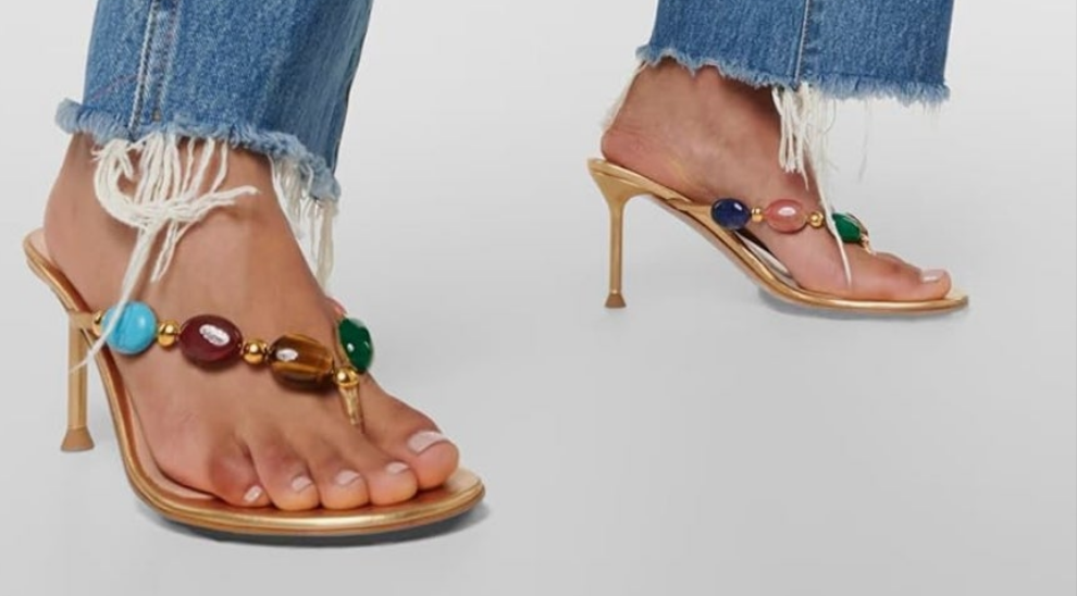 Jeweled Thong Strappy Sandal Summer Mules Kitten Heels Flip Flop Round Open Toe Mid Heels Fashion Wedding Party Dress Thong Casual Shoes
