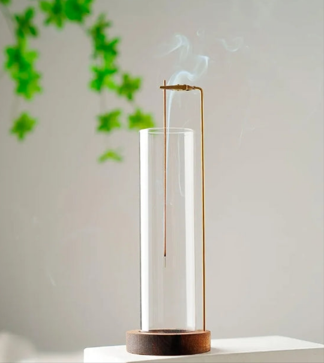 Incense Holder for Sticks, Anti-Ash Flying Incense Burner with 30 Incense Sticks, Detachable Glass Ash Catcher (Wood,